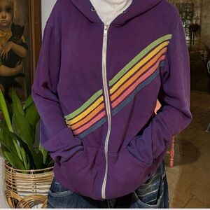 Aviator Nation Purple Hoodie with Rainbow Stripes - distressed with a few holes